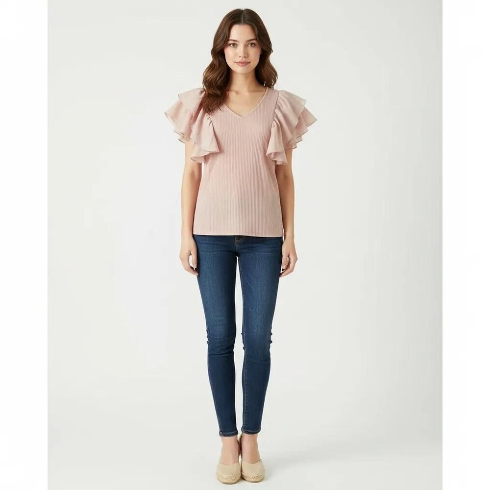 Haute Monde Layered Flutter Sleeves Ribbed Blouse Blush Pink Medium